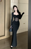 Elegant Long - Sleeve Black Gown with Lace Corset Detail