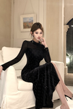 Elegant Black Velvet Gown with Sheer Long Sleeves