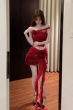 Stylish Red Off - Shoulder Set with Ruffled Skirt and Flower Decor