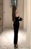 Elegant Black Off - Shoulder Velvet Gown with Lace Trim