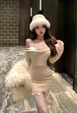 Stylish Beige Mini Dress with Lace Detail and Fur Accents