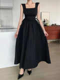 Squared Neck Drawstring Black Maxi Dress