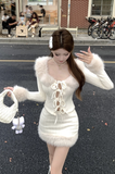 Stylish Cream Knit Set with Fur Trim and Lace - up Detail