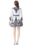 STAND-UP COLLAR LANTERN SLEEVE PRINTED SHORT MINI DRESS