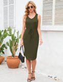 CASUAL V-NECK SLEEVELESS SIDE SLIT DRAWSTRING DRESS