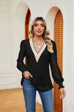 V-NECK LACE STITCHING LONG SLEEVE T-SHIRT