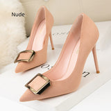 FINE-HEELED SUEDE METAL SQUARE BUCKLE SHOES