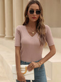 FASHION V-NECK KNIT SLIM SOLID COLOR TOP