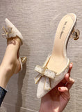 POINTED BOW RHINESTONE HIGH-HEELED SANDALS