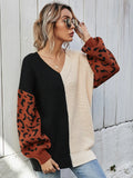 STYLISH LOOSE V-NECK SPLICING LEOPARD PRINT PULLOVER SWEATER