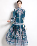 RETRO ETHNIC PRINT SINGLE-BREASTED DRESS