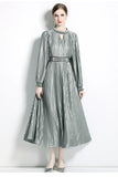 ROUND NECK LANTERN SLEEVE BEADED PLEATED DRESS