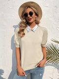 FASHION PULLOVER SHORT SLEEVE SOLID COLOR LAPEL SWEATER