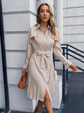 CASUAL SLIM LONG-SLEEVED PLEATED DRESS