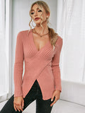 FASHION SOLID COLOR V-NECK PULLOVER CROSS SWEATER
