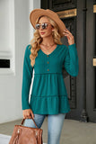 SOLID COLOR V-NECK BUTTON LOOSE LONG SLEEVE T-SHIRT