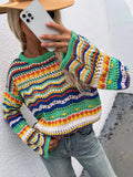 CLASSY LOOSE-FITTING COLOR ROUND NECK STRIPED SWEATER