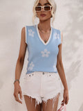 CLASSY PRINTED V-NECK SLEEVELESS FLOWERS SWEATER