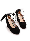 BEADED RIBBON ROUND HEAD WATERPROOF PLATFORM SHOES