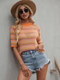 FASHION SPLICED HOLLOW LOOSE ROUND NECK STRIPED SWEATER