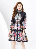 RETRO PAINTED LANTERN SLEEVE WAVY PRINTED DRESS