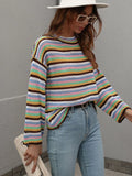 FASHION SPLICED LOOSE ROUND NECK STRIPED SWEATER