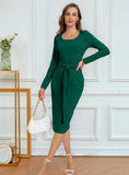 LONG-SLEEVED SPLIT PIT SOLID COLOR DRESS