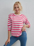 CLASSY STRIPED MULTICOLOR ROUND NECK TOP LOOSE SWEATER