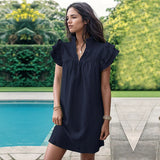 SOLID COLOR SHORT SLEEVE V-NECK DRESS