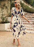 SILM WAIST V-NECK PRINTED LONG DRESS