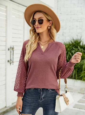 LACE STITCHING LONG SLEEVE V-NECK T-SHIRT