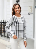 Plaid Splicing Pullover Round Neck Sweater
