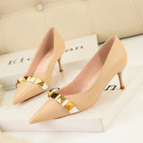 THIN HEELS METAL BUTTON POINTED SHOES