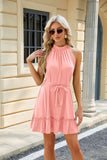 SOLID COLOR ROUND NECK MINI DRESS