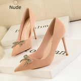 SHALLOW-MOUTHED POINTED RHINESTONE BOW HIGH HEELS