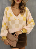 V-neck Check Contrast Pullover Sweater