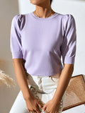 FASHION KNIT PLEATED SHORT SLEEVE SOLID COLOR SWEATER