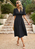 V-NECK SHORT SLEEVE SOLID COLOR DRESS