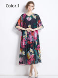 RETRO PRINTED V-NECK FIVE-POINT SLEEVE LOOSE DRESS