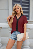V-NECK CONTRAST SHORT SLEEVE LOOSE T-SHIRT