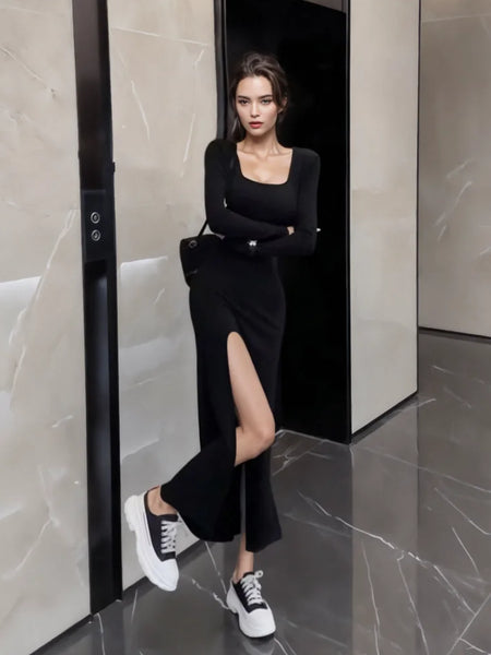 Bold Slit Sporty Styling Long-Sleeve Black Dress