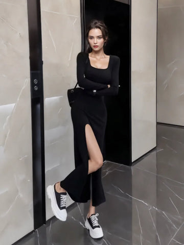 Bold Slit Sporty Styling Long-Sleeve Black Dress