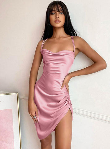 Women Pink Satin Bodycon Sling Slit Dress
