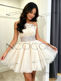 White A-Line Strapless Pleated Beaded Tulle Homecoming Dress
