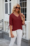 BUTTON V-NECK SOLID COLOR LOOSE T-SHIRT