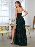 Green Sequin A Line Backless Prom Dress With Slit