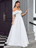 Off The Shoulder Ruched A Line Wedding Dress With Slit