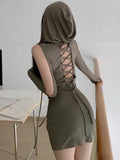 Lace-Up Back Cutouts Hooded Mini Dress