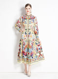 RETRO PALACE STYLE LAPEL LONG SLEEVE PRINTED DRESS