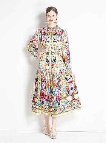 RETRO PALACE STYLE LAPEL LONG SLEEVE PRINTED DRESS